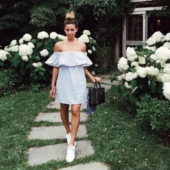 REVOLVE NWT Line & Dot Blue Stripe Lea Dress Off The Shoulder Ruffle Size XS - Picture 5 of 13